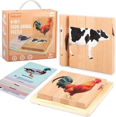 🧩 Rompecabezas de animales de granja Motgom 4 en 1 - Juguete de madera Montessori para niños pequeños Foto 1 de 4