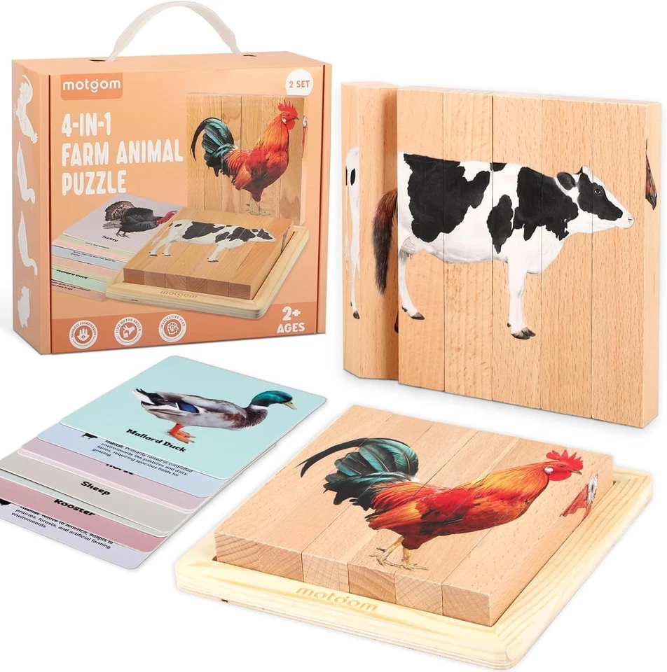 🧩 Rompecabezas de animales de granja Motgom 4 en 1 - Juguete de madera Montessori para niños pequeños Foto 1 de 4