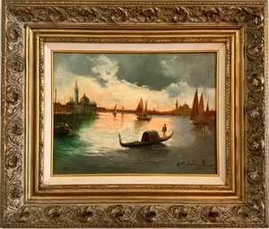 Letrero de principios del siglo XX de A. Belardinelli lienzo al óleo Venecia marco único pintura - Imagen 1 de 16
