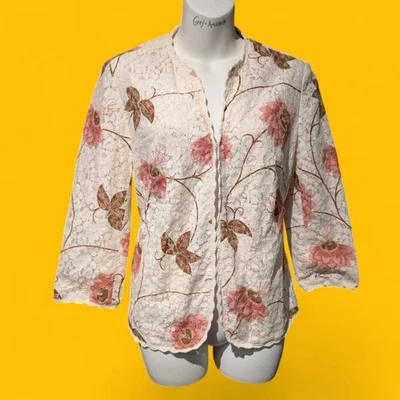 OSCAR DE LA RENTA Off White Encaje Pasión Flor Estampado Top Chaqueta Ligera 4 S 4A Foto 1 de 4