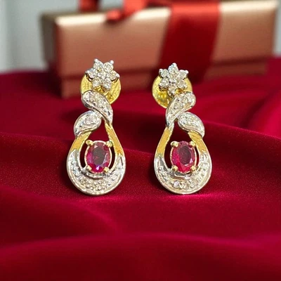 Classy 0.90 TCW F/VS1 Round Brilliant Cut Diamonds Ruby Dangle Earrings 14K Gold - Image 1 of 4