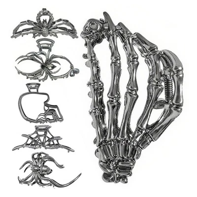 3PCS Black Spider Web Skeleton Hand Skull Hair Claw Clips Hiphop Metal Clamp  - Image 1 of 4