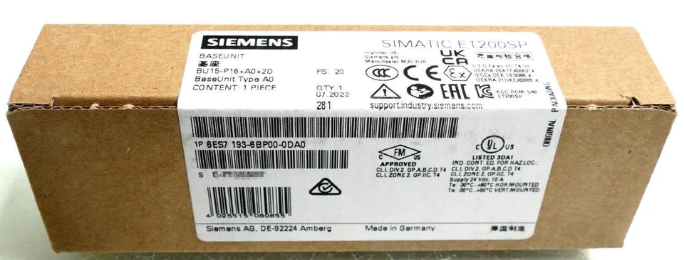 6ES7193-6BP00-0DA0 NEW SIEMENS SIMATIC ET 200SP Base Unit 6ES7193-6BP00-0DA0 - Image 1 of 1