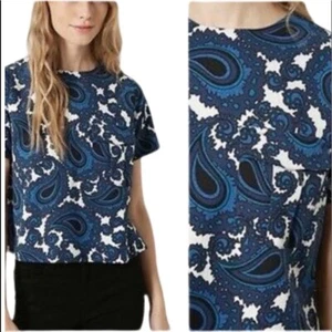Women's Blue Topshop Paisley Print Short Sleeve Top, Size 10 - Picture 1 of 11