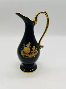 LIMOGES CASTEL France Porcelain Courting Couple Cobalt Blue Gold 7" Mini Pitcher - Picture 1 of 8