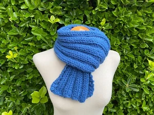 Hand Knitted Scarf - Denim Blue - Luxurious Ribbed Scarf - Short - Alpaca Mix - Picture 1 of 3