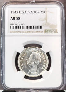 1943 EL SALVADOR SILVER 25 CENTAVOS NGC AU 58 SCARCE LOOKS HIGHER GRADE - Picture 1 of 3