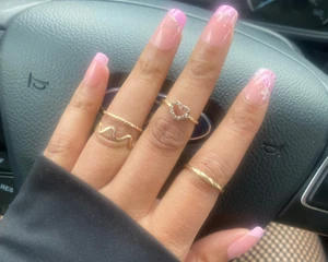 Pink Press On Nails Spring Flowers Girly Fake Nails Medium Length Square Glossy - Picture 1 of 6