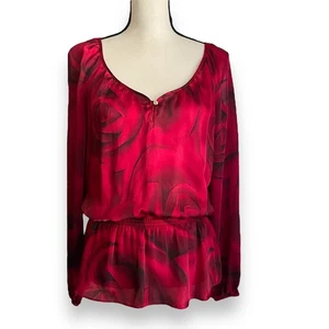 White House Black Market Red Floral Long Sleeve Blouse Romantic Top - Picture 1 of 5