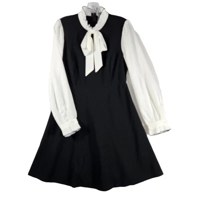 Black White Sz MED Long Sleeve Bow Tie Dress Ruffle Collar Cuff Fit/Flare Retro - Image 1 of 4