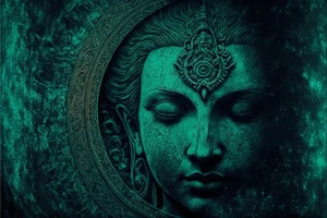 Impresión de póster de fantasía de Buda azul verdoso arte en lienzo - Imagen 1 de 22