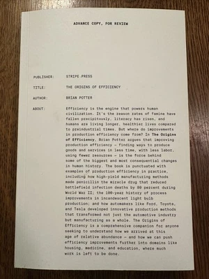 ARC Origins of Efficiency by Brian Potter (2025, Paperback) PROOF LIKE NEW - Image 1 of 4