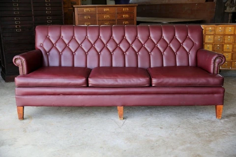 Vintage Mid Century leather sofa Couch Burgundy wood legs MCM home furniture Cover