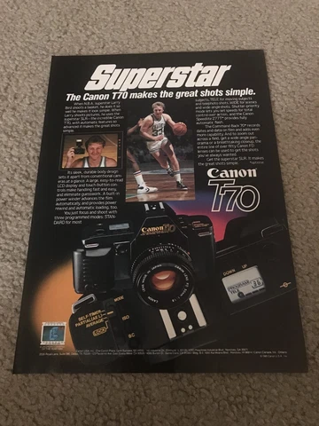 Vintage 1985 LARRY BIRD CANON T-70 CAMERA Poster Print Ad 1980s BOSTON CELTICS Cover