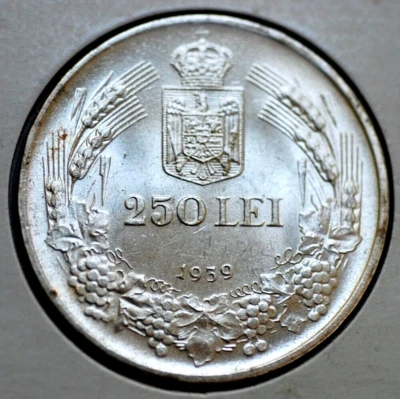 RARE Romania 1939 250 LEI  Silver Coin  KM #57  * Top Grade! - Image 1 of 4