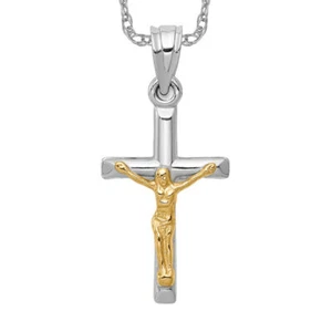 14K Solid Two Tone Gold Jesus Crucifix Cross Necklace - Picture 1 of 12