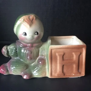 Vtg Child Straw Boy Baby Block Planter Green (BM BW) - Picture 1 of 6