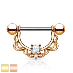 Pair of CZ Fligree 14K Gold Plated Surgical Steel Nipple Rings Barbells 14G 5/8" - Picture 1 of 5