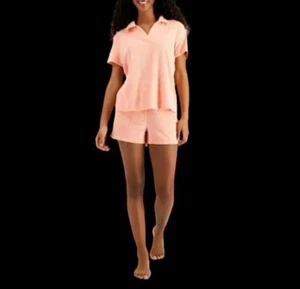 NWT ALFANI Women's Terry Cloth 2-Pc. Shorts Pajama Set Peach Sorbet Size Small - Picture 1 of 11