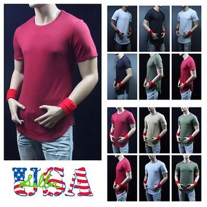 Mens T-Shirt Long Extended Casual Hip Hop Crew Neck Fashion Casual Tee Zipper - Picture 1 of 10
