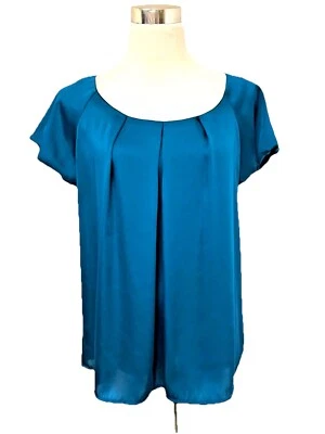 Apostrophe Teal Blue Satin Pleated Scoop Neck Blouse Top  Sz L  EUC - Image 1 of 4