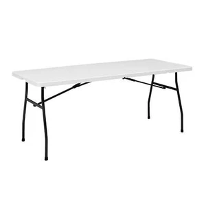 White 6 Foot Fold-in-Half Plastic Table, Indoor Outdoor, Scratch Resistant, - Picture 1 of 2