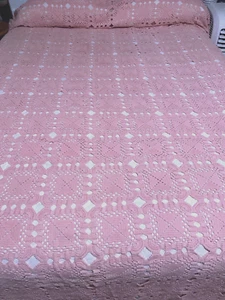 VTG..HAND CROCHETED..BEDSPREAD..BLANKET COVER..PINK..119" x 108" - Picture 1 of 1