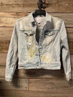 LuLaRoe Harvey Baby Blue Denim Crop Jacket with Yellow Embroidered Roses Size M - Image 1 of 4