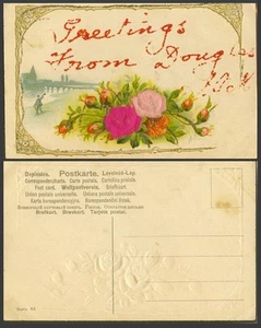 Isle of Man Old Embossed Postcard Greetings from Douglas, Bridge, River, Flowers - Picture 1 of 1