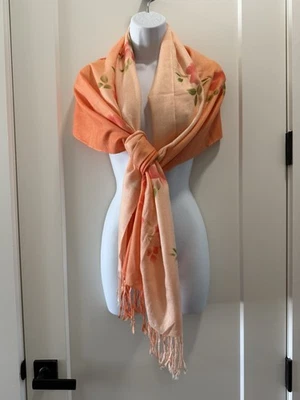 Mujer Pashmina Bufanda Envolvente Mantón Melocotón y Naranja Floral Cachemira y Seda Foto 1 de 4