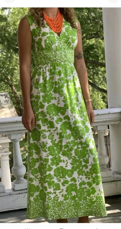 VESTIDO MAXI VINTAGE AÑOS 70 LEE STEVENS of Miami verde neón blanco floral sin mangas s/m Foto 1 de 4