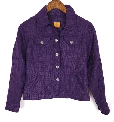Chaqueta Top Ruby Road Talla 8 Pequeña Púrpura Metálica Texturizada Cuello Abotonado Foto 1 de 4