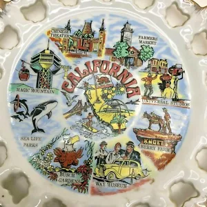 Piatto di stato vintage California souvenir CA vetro bianco capesante bordo pizzo aperto - Foto 1 di 5