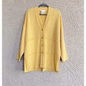VINTAGE 80s ESCADA Yellow Wool Long Cardigan Sweater w/ Gold Metal Buttons Sz 38 - Picture 1 of 10