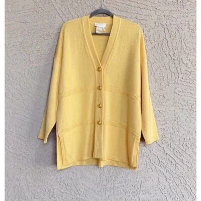 Suéter Cárdigan Largo de Lana Amarilla ESCADA Años 80 DE COLECCIÓN con Botones de Metal Dorado Talla 38 Foto 1 de 4