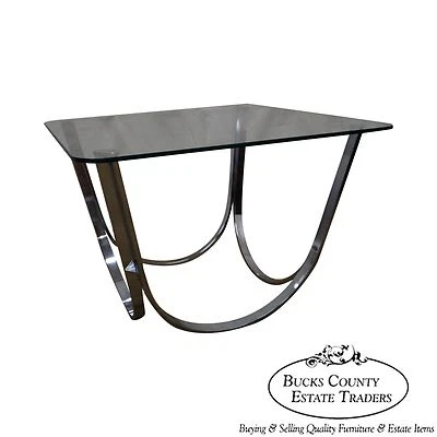 Roger Sprunger Dunbar Style Mid Century Arched Chrome Glass Top Coffee Table - Image 1 of 4