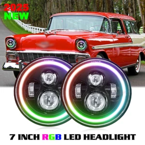 Halo Black Pair 7inch Round Led Headlights Lamp for Chevy Bel Air 1955 1956 1957 - Picture 1 of 15