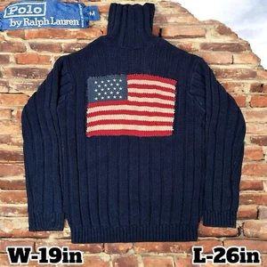 Vintage 90s Polo Ralph Lauren American Flag Knit Turtle Neck Sweater Navy Blue Gr. M - Bild 1 von 8