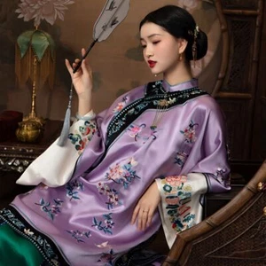 Chinese Vintage Hanfu Purple Pan Button Large Embroidered Cheongsam One Size  - Picture 1 of 5