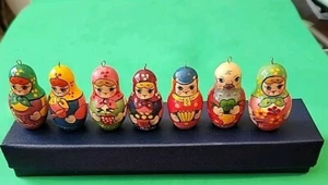 Matryoshka Wood, Hand Painted, Russian Christmas Ornaments. 7pc Set. 2" tall - Picture 1 of 12