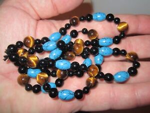 ONYX AND TIGER'S EYE GEMSTONE NECKLACE WITH FAUX TURQUOISE - 30" - OFC-12