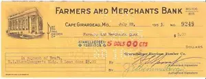 Vintage 1950's 2 Farmers & Merchants Bank Checks Cape Girardeau, Missouri - Picture 1 of 2