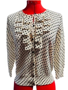 J.Crew Cream Black Polka Dot Ruffle Merino Wool Cardigan Sweater Medium Preppy M - Picture 1 of 7