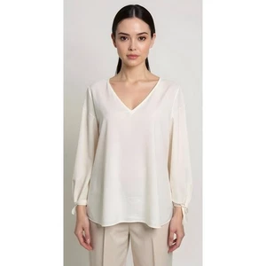 LAFAYETTE 148 NEW YORK Damen Seide V-Ausschnitt Bindebündchen Bluse in Elfenbein - Größe Medium - Bild 1 von 9