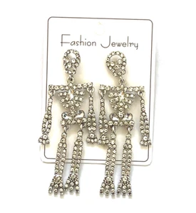 ER001 UNIQUE SILVER TONE METAL WHITE RHINESTONE SKELETON DANGLE HOOK EARRINGS - Picture 1 of 1