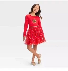 Girls Red Gold Christmas Star Sequins Festive Holiday Dress Tulle Skirt XS 4/5 - Picture 1 of 2
