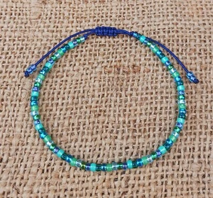 DAINTY BLUE / GREEN ADJUSTABLE HANDMADE MIYUKI SEED BEAD BRACELET - Picture 1 of 4