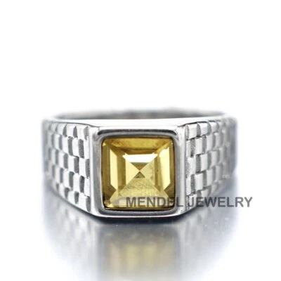 Mens Faux Square Yellow Citrine Stone Ring Men Stainless Steel Size 7-12 party - Image 1 of 4