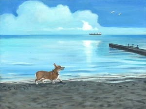 18x24 Impresión de pintura RYTA CORGI PERRO PAISAJE MARINO MASCOTAS PLAYA ARTE POPULAR - Imagen 1 de 1