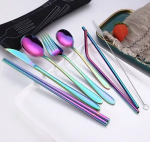 9pc Rainbow Flatware, Cutlery, Silverware & Travel Storage Bag, Stainless Steel - Picture 1 of 1